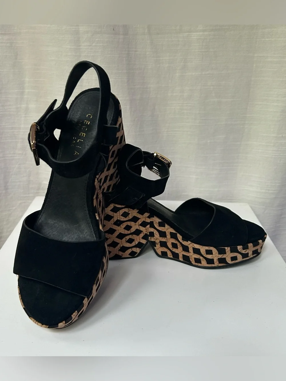 CECELIA NEW YORK Black Suede Platform Wedges with Patterned Cork